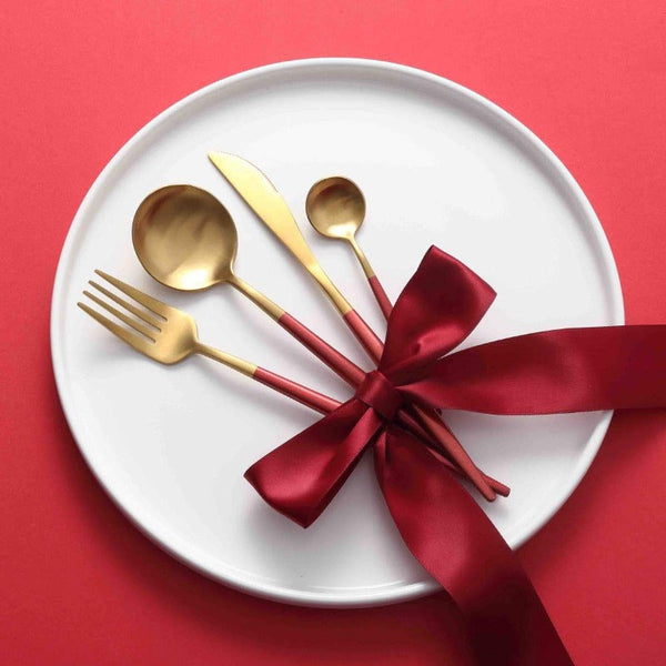 Matte Gold and Red 24-Piece Flatware Cutlery Set