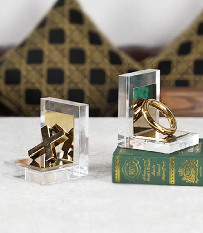 Set of 2 Pcs Tic-tac-toe Crystal Glass Bookends Gold