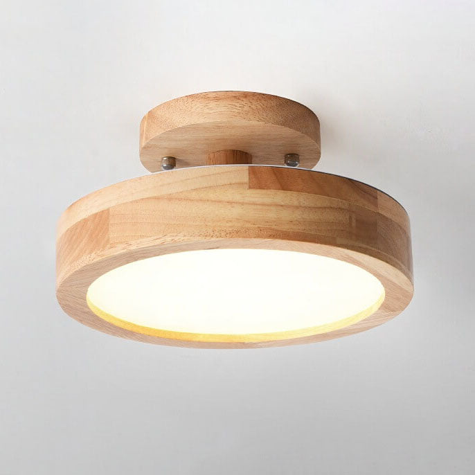 Nordic Log Round LED Semi-Flush Mount Ceiling Light - Scandinavian Wooden Frame, Cozy LED Lighting for Living Room, Bedroom, and Hallways