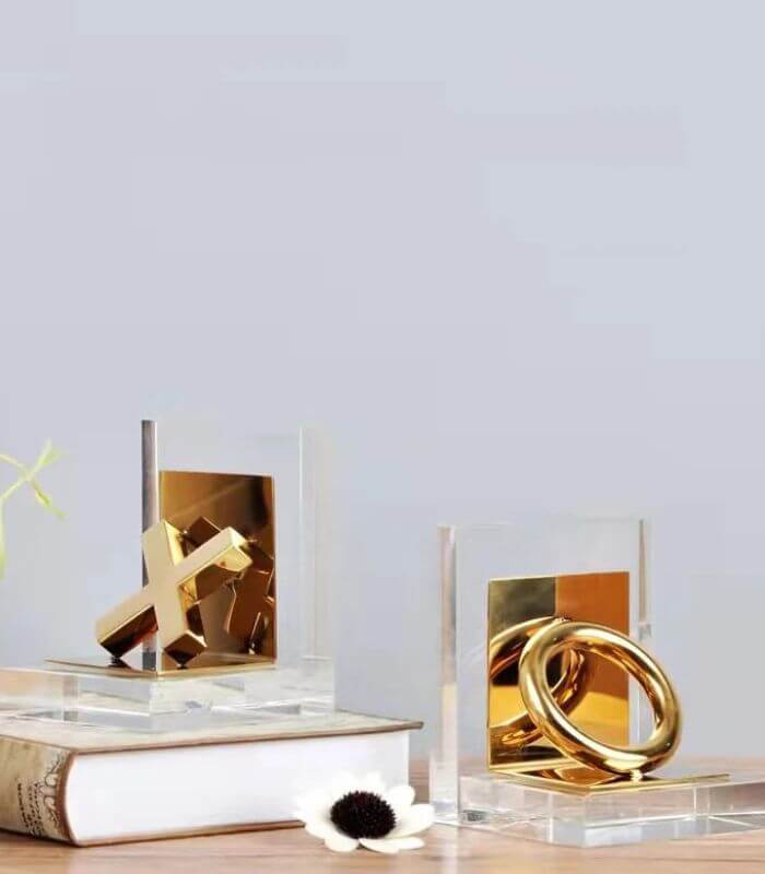 Set of 2 Pcs Tic-tac-toe Crystal Glass Bookends Gold