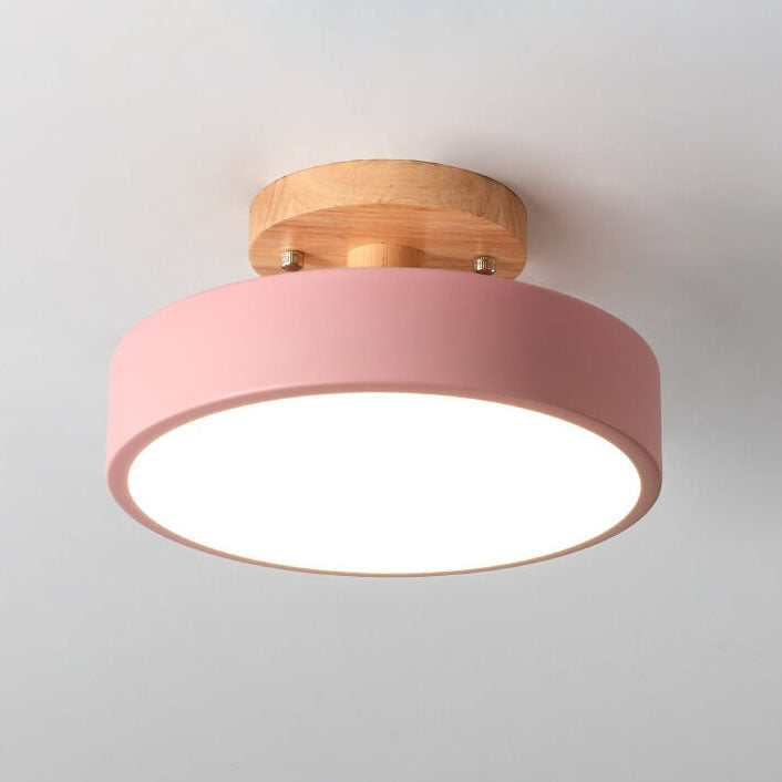 Nordic Log Round LED Semi-Flush Mount Ceiling Light - Scandinavian Wooden Frame, Cozy LED Lighting for Living Room, Bedroom, and Hallways