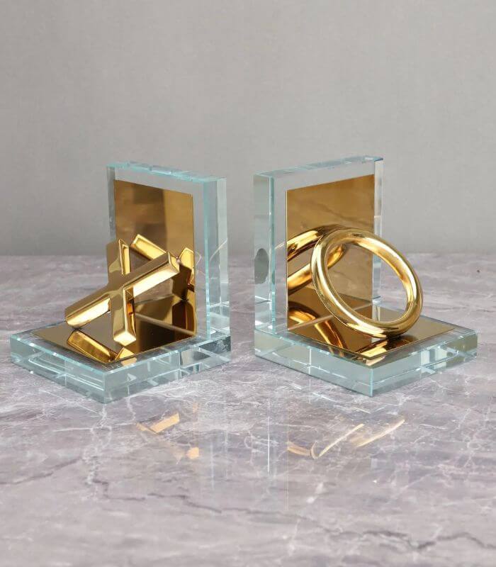 Set of 2 Pcs Tic-tac-toe Crystal Glass Bookends Gold