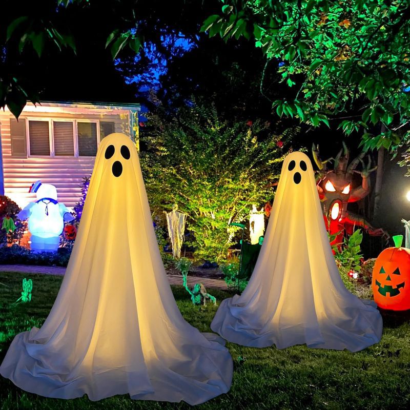 Front Porch Ghost Halloween Decoration Standing With Lighting Chain Battery Powered