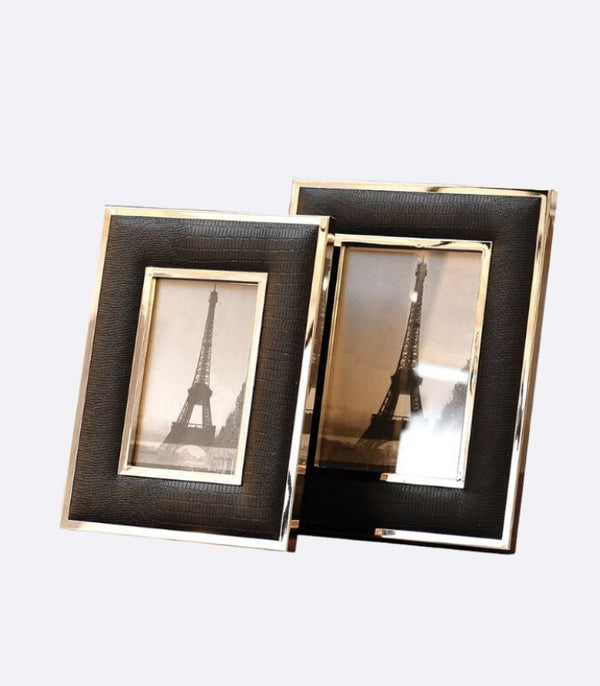 Photo Frame Black Faux Crocodile Leather and Stainless Steel