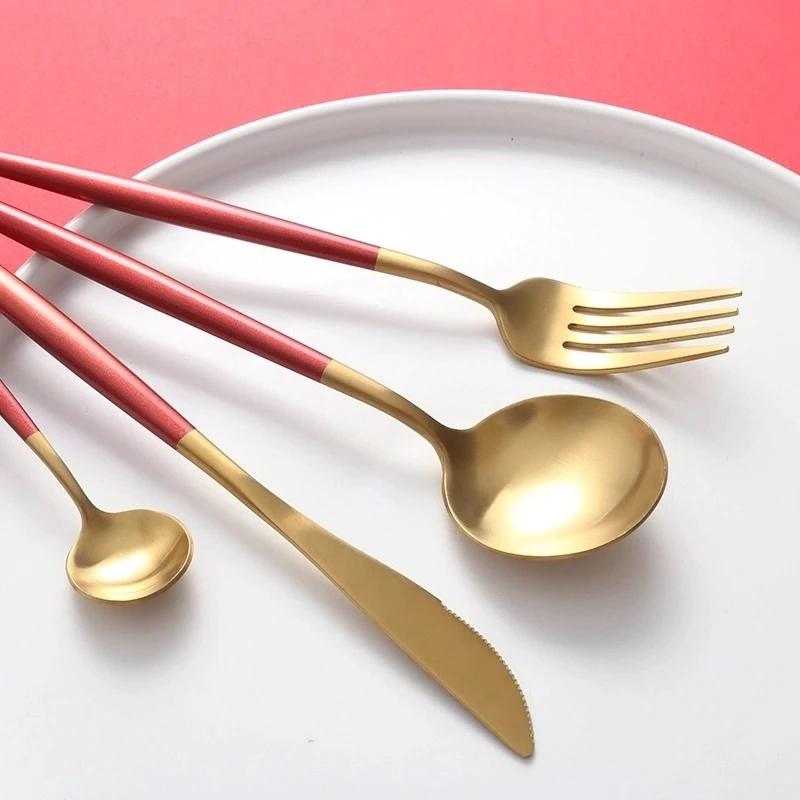 Matte Gold and Red 4-Piece Flatware Cutlery Set