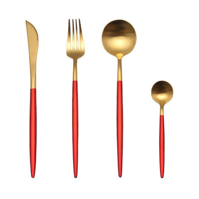 Matte Gold and Red 24-Piece Flatware Cutlery Set