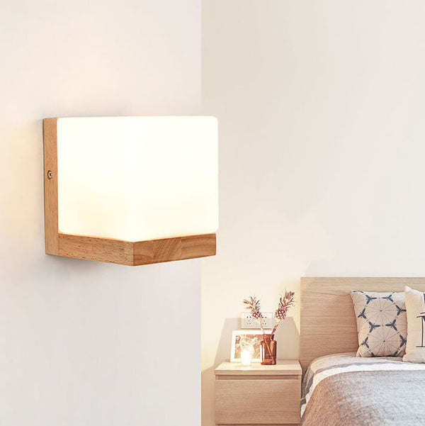 EcoShine - Modern wooden wall lamp with cube-shaped base