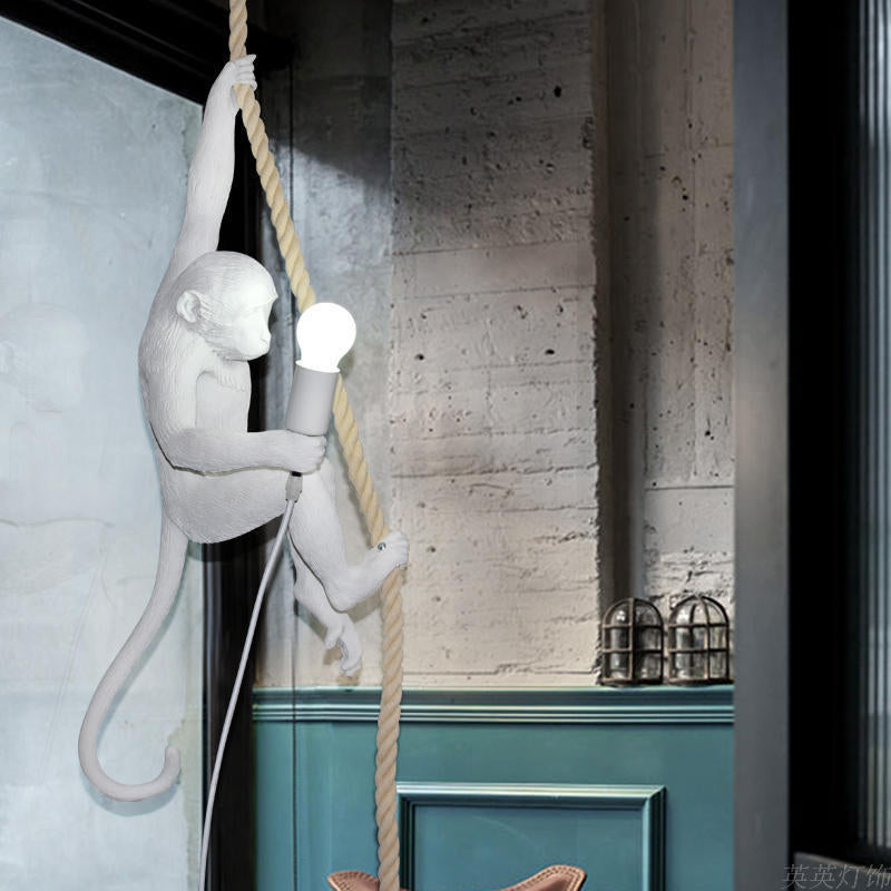 Playful Monkey Ceiling Lamp - Single Pendant with Hemp Rope