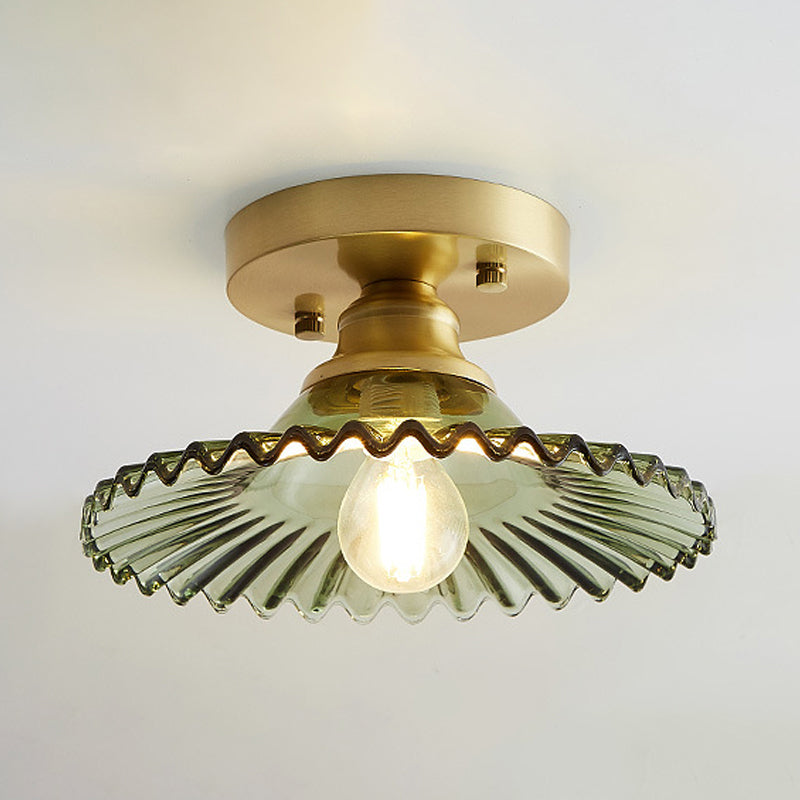 Industrial Semi-Flush Ceiling Lamp with Green Ribbed Glass Shade