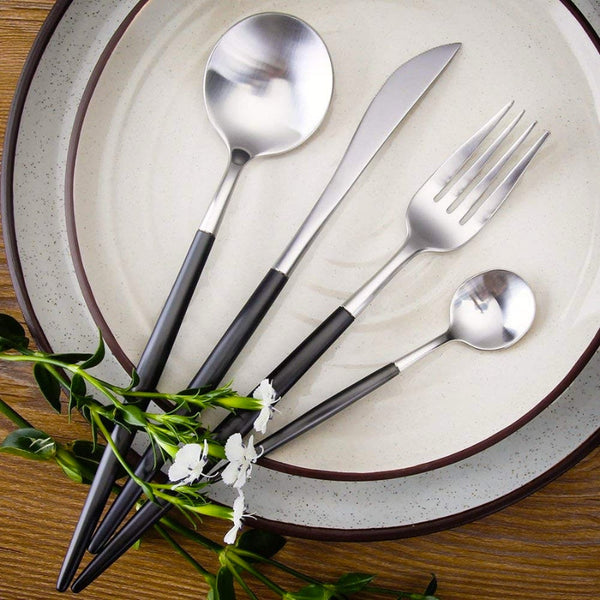 Matte Silver and Black 24-Piece Flatware Cutlery Set