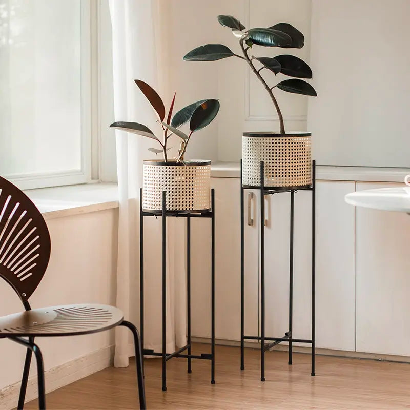 Rattan Look Stilted Metal Floor Planter Pots