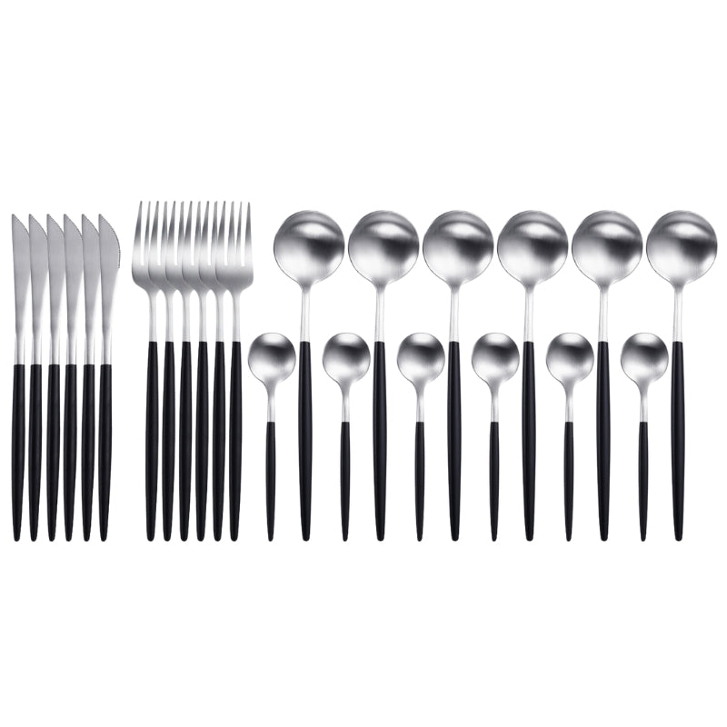 Matte Silver and Black 24-Piece Flatware Cutlery Set