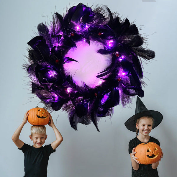 Halloween Black Crow Black Feather Wreath Glowable