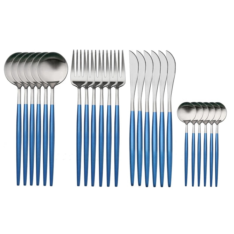 Matte Silver and Blue 24-Piece Flatware Cutlery Set