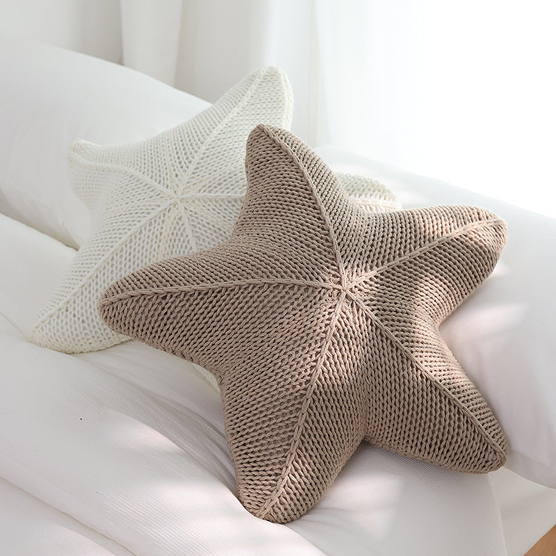 Coastal Charm' Starfish Hand-Knitted Pillow - Artisan Quality in Coral Orange, White, & Khaki