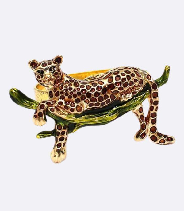 12 Pcs Leopard Napkin Rings Set - Alloy & Enamel, Green/Gold Table Decor