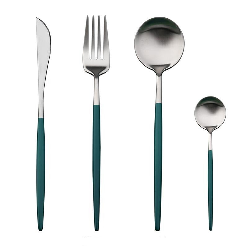 Matte Silver and Green 24-Piece Flatware Cutlery Set