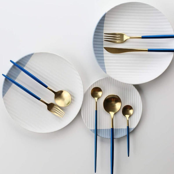 Matte Gold and Blue 24-Piece Flatware Cutlery Set