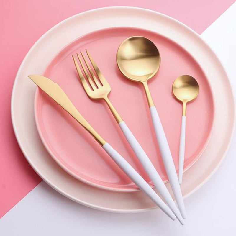 Matte Gold and White 24-Piece Flatware Cutlery Set