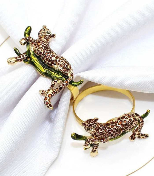 12 Pcs Leopard Napkin Rings Set - Alloy & Enamel, Green/Gold Table Decor