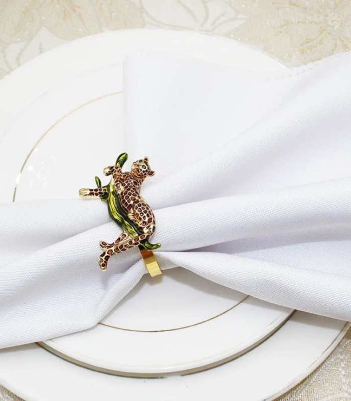 12 Pcs Leopard Napkin Rings Set - Alloy & Enamel, Green/Gold Table Decor