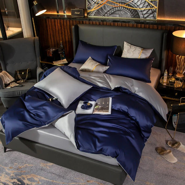 Miravique Royal Blue Silver Reversible Egyptian Cotton Bedding Set