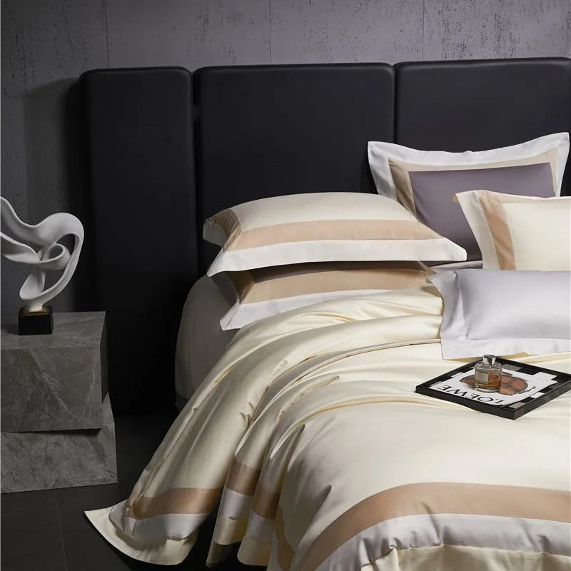 Miravique Beige Stripe Egyptian Cotton Bedding Set