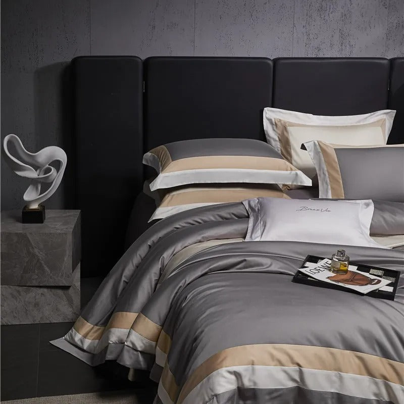 Miravique Grey Stripe Egyptian Cotton Bedding Set