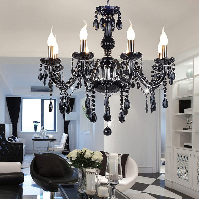 Luxury Black Crystal Chandelier with Polished Chrome Finish - Dimmable, Flush Mount Lighting for Living, Dining, and Bedroom