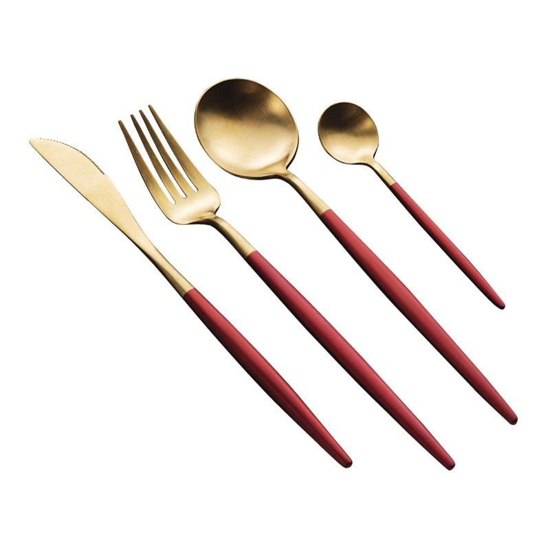 Matte Gold and Red 24-Piece Flatware Cutlery Set