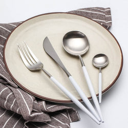 Matte Silver and White 24-Piece Flatware Cutlery Set