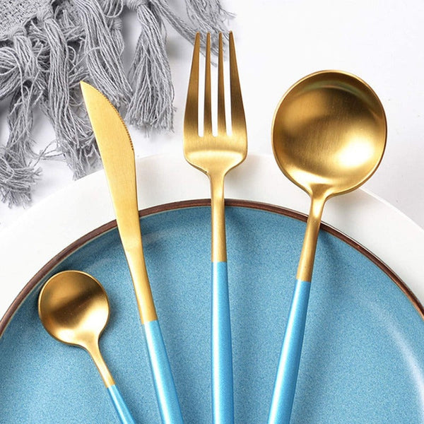 Matte Gold and Sky Blue 24-Piece Flatware Cutlery Set