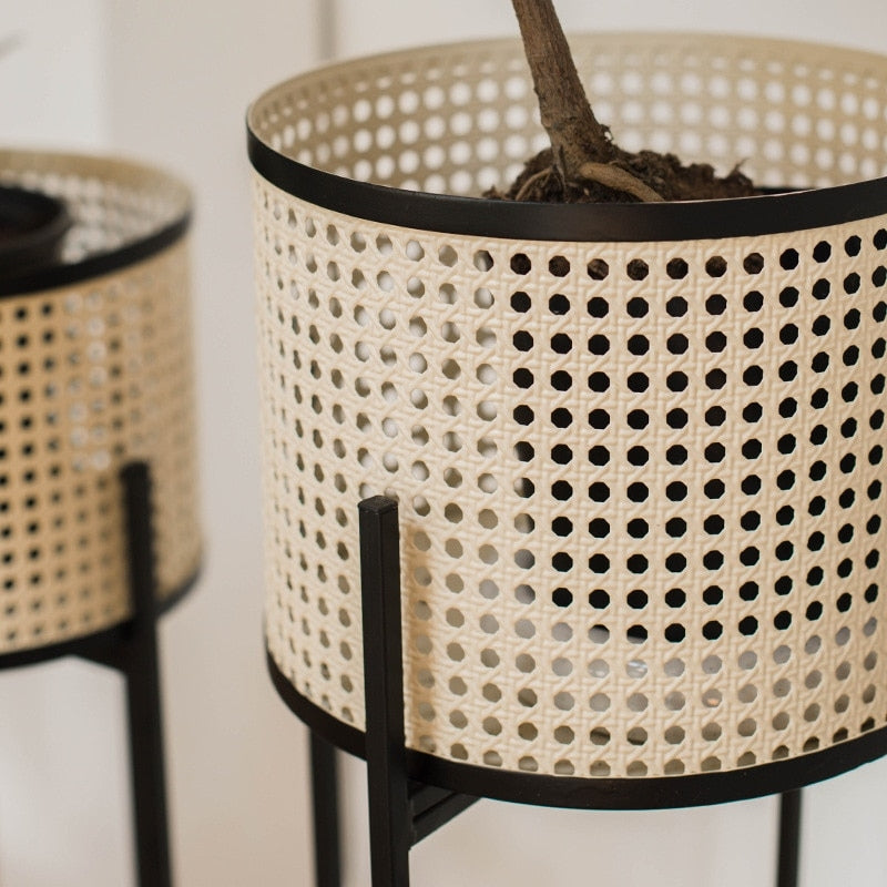 Rattan Look Stilted Metal Floor Planter Pots