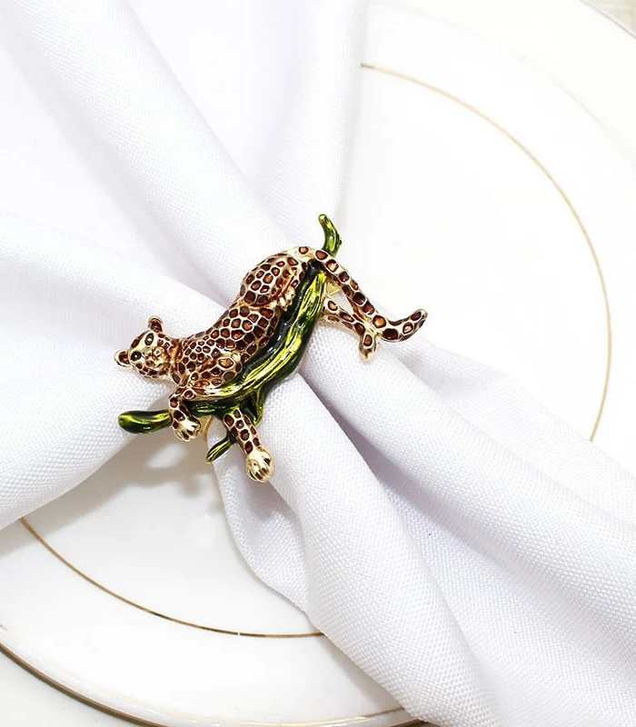 12 Pcs Leopard Napkin Rings Set - Alloy & Enamel, Green/Gold Table Decor