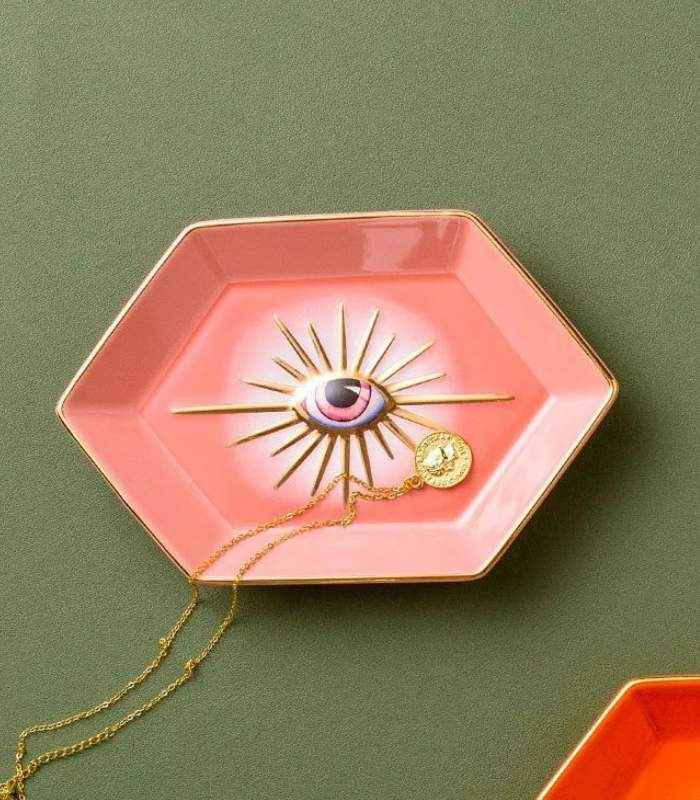 Ceramic Eye Trinket Dish with Gold Rim | Jewelry Holder, 16.6cm