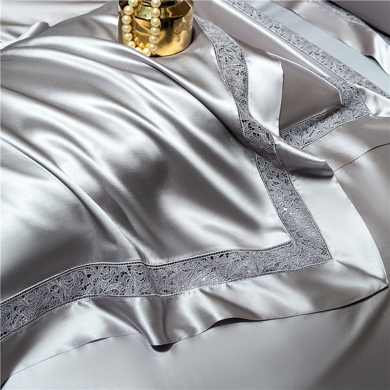 Miravique Silver Modern Satin Egyptian Cotton Bedding Set