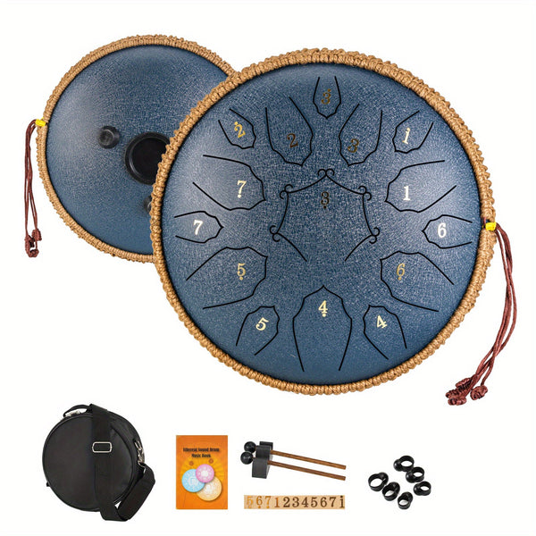 12 Inch 15 Note Steel Tongue Drum D Key Hotplate Percussion Instrument Cornices Shape Handbag Drum With Drum Mallets Carry Bag And Music Book