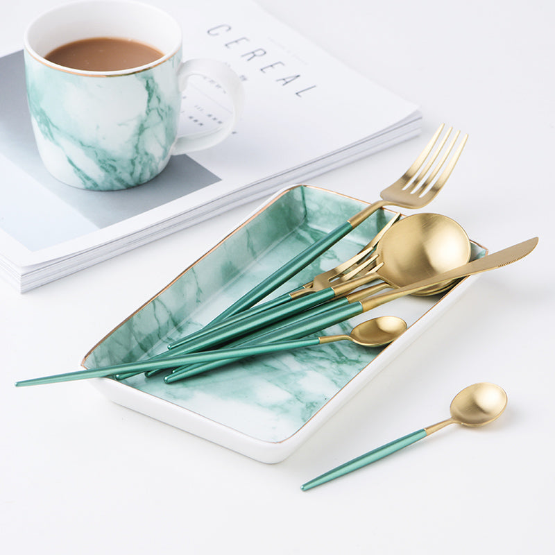 Matte Gold and Turquoise 24-Piece Flatware Cutlery Set