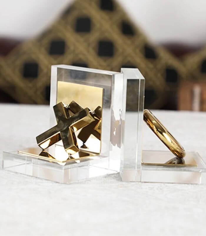 Set of 2 Pcs Tic-tac-toe Crystal Glass Bookends Gold