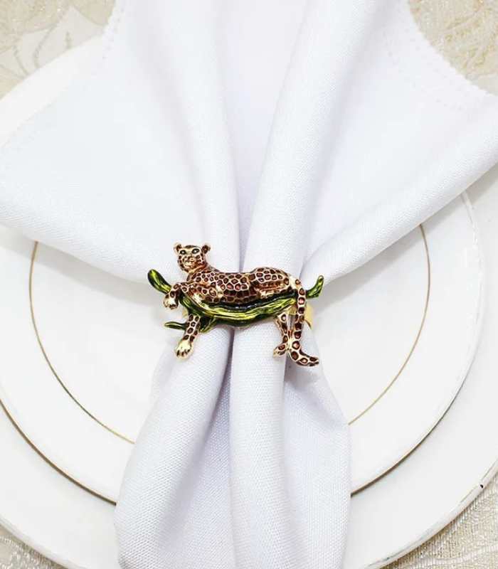 12 Pcs Leopard Napkin Rings Set - Alloy & Enamel, Green/Gold Table Decor