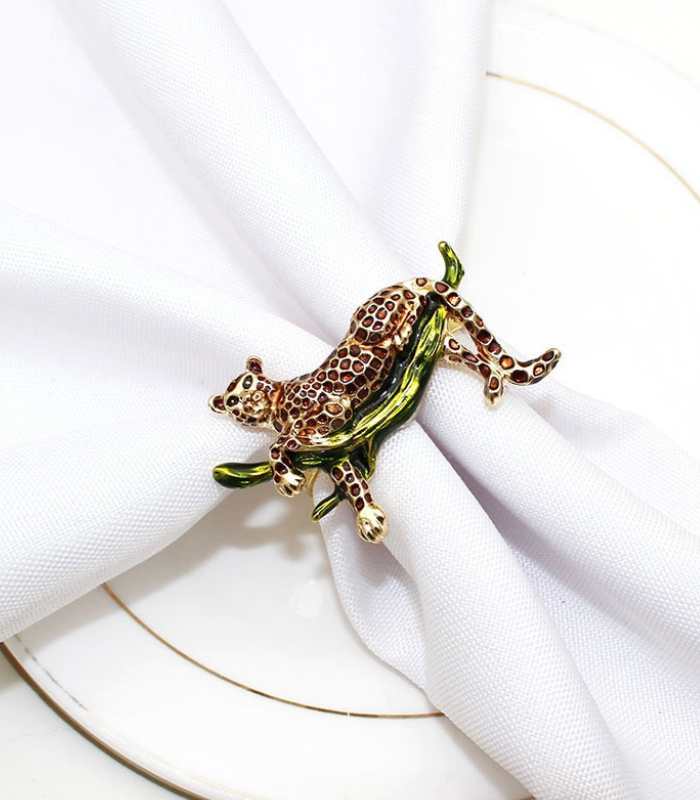 12 Pcs Leopard Napkin Rings Set - Alloy & Enamel, Green/Gold Table Decor