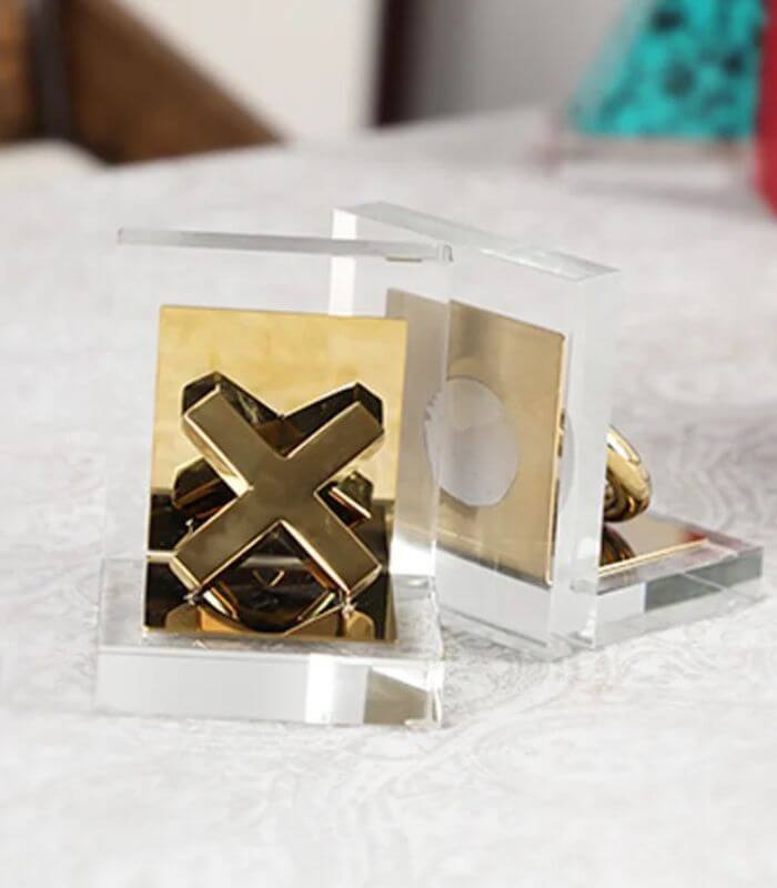 Set of 2 Pcs Tic-tac-toe Crystal Glass Bookends Gold