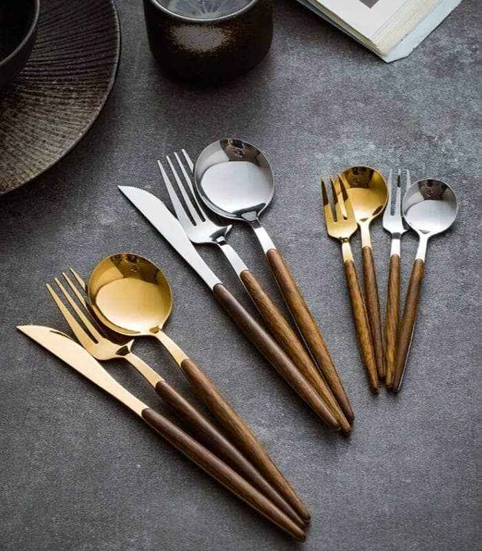 30-Piece Cutlery Set – Stainless Steel Dinnerware with Wooden-Style Handles (304 Grade, Elegant Design)