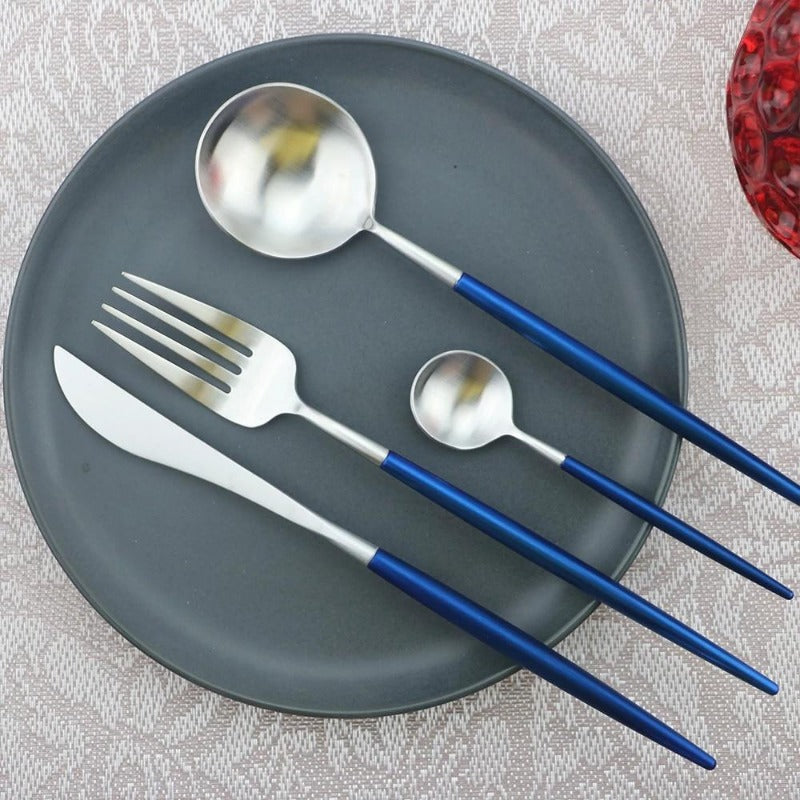 Matte Silver and Blue 24-Piece Flatware Cutlery Set