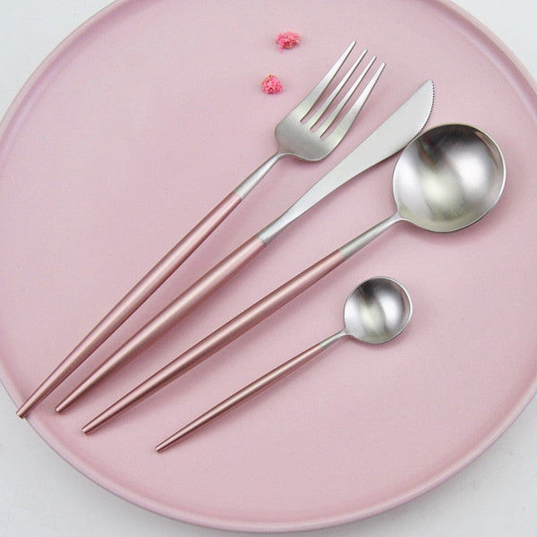 Matte Silver and Pink 24-Piece Flatware Cutlery Set