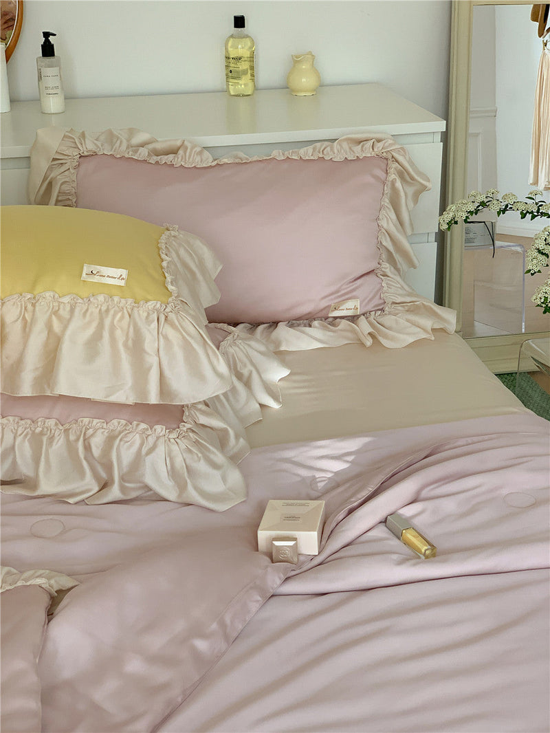 French Aesthetic Silky Satin Ruffle Bedding Set