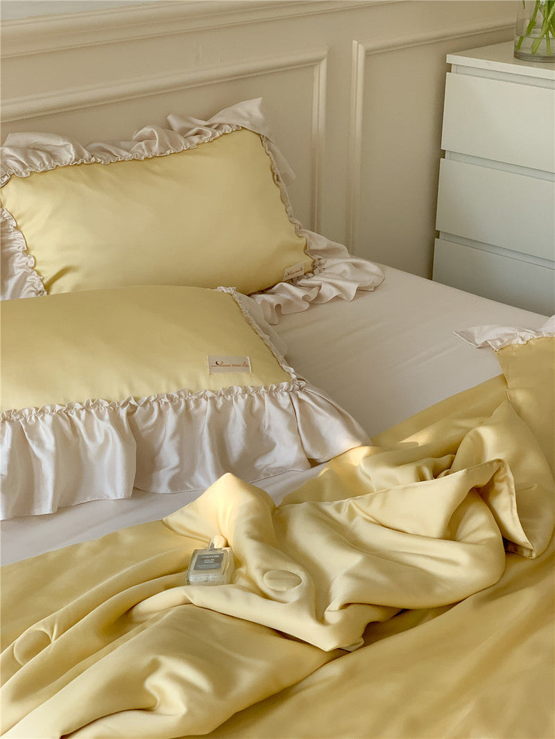 French Aesthetic Silky Satin Ruffle Bedding Set