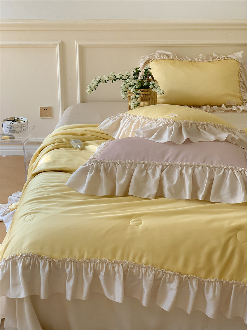 French Aesthetic Silky Satin Ruffle Bedding Set