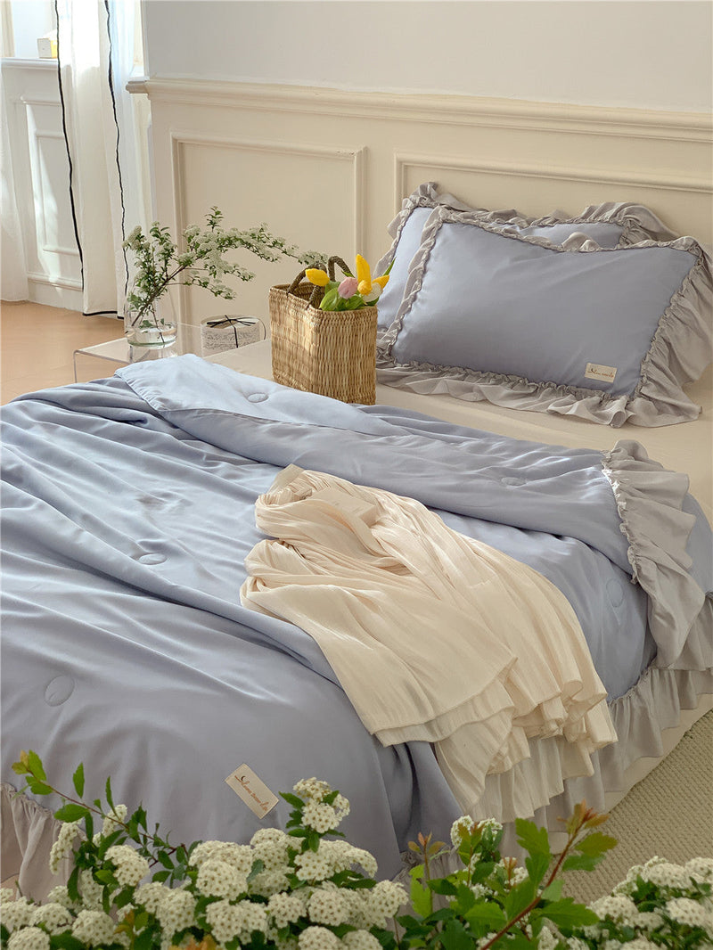 French Aesthetic Silky Satin Ruffle Bedding Set