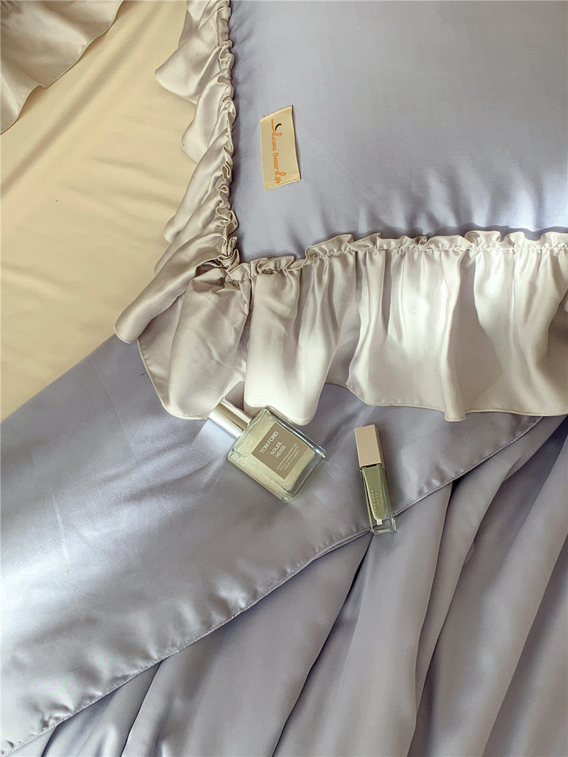 French Aesthetic Silky Satin Ruffle Bedding Set